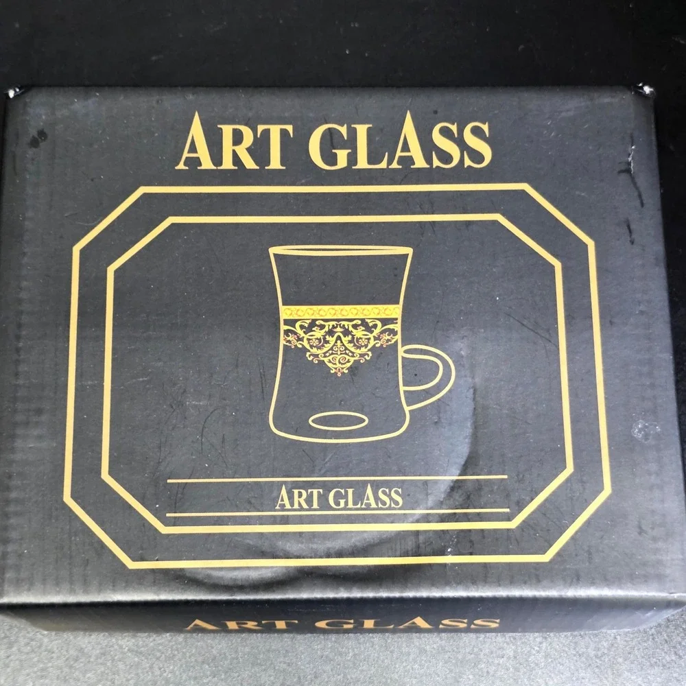 Art Glass Teacups Set of 6 Clear Gold Filigree Turkish Style Small Mugs Gift Box